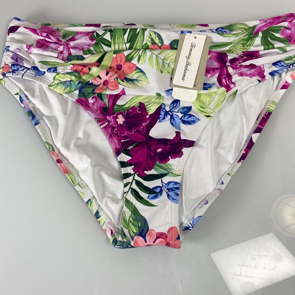 Tommy Bahama Coastal Gardens High Waist Swimsuit‎ Bottom L Floral White Ruched